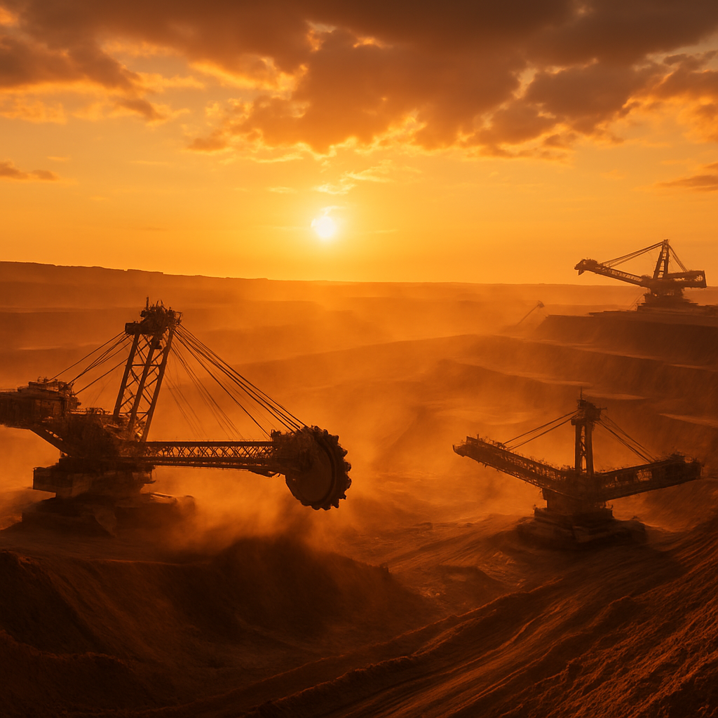 Open-pit mining operation at sunset
